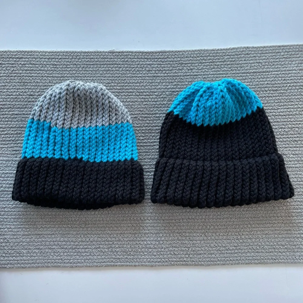 Set/2 Handknit Beanie Winter Hats Gray Turquoise Black Fisherman Aesthetic